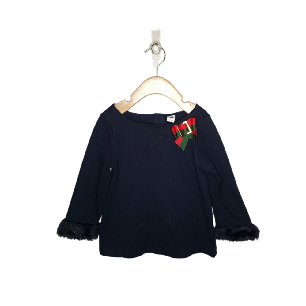 Janie and Jack Size 6 Faux Fur Cuffs Bow Navy Blue Top